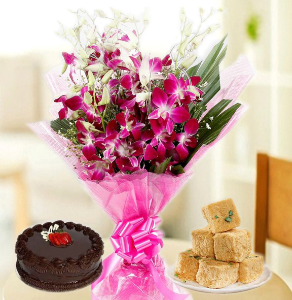 Seasonal Papdi Treat - 12 Mix Seasonal Flowers Bunch, Soan Papdi 250 gms,  Chocolate Cake 1/2 Kg & Card